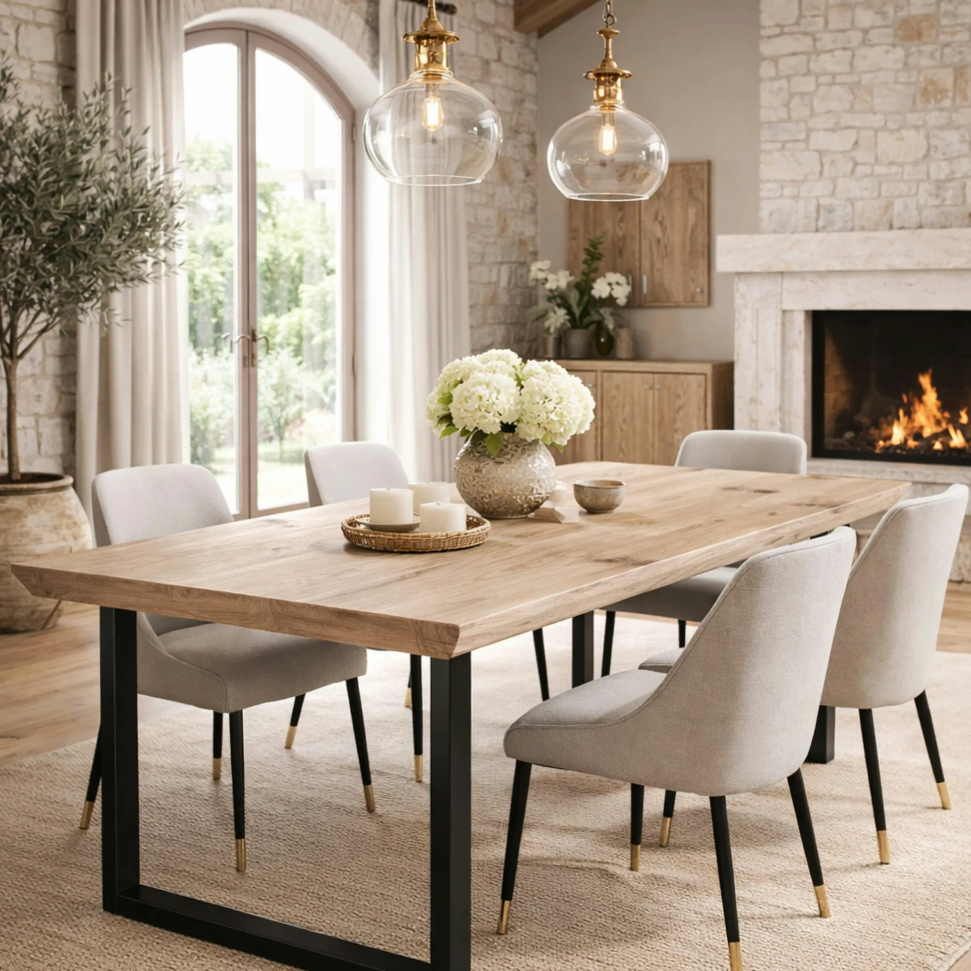 Table extensible chêne grisé bords biseautés pieds en U 220 cm PALERME