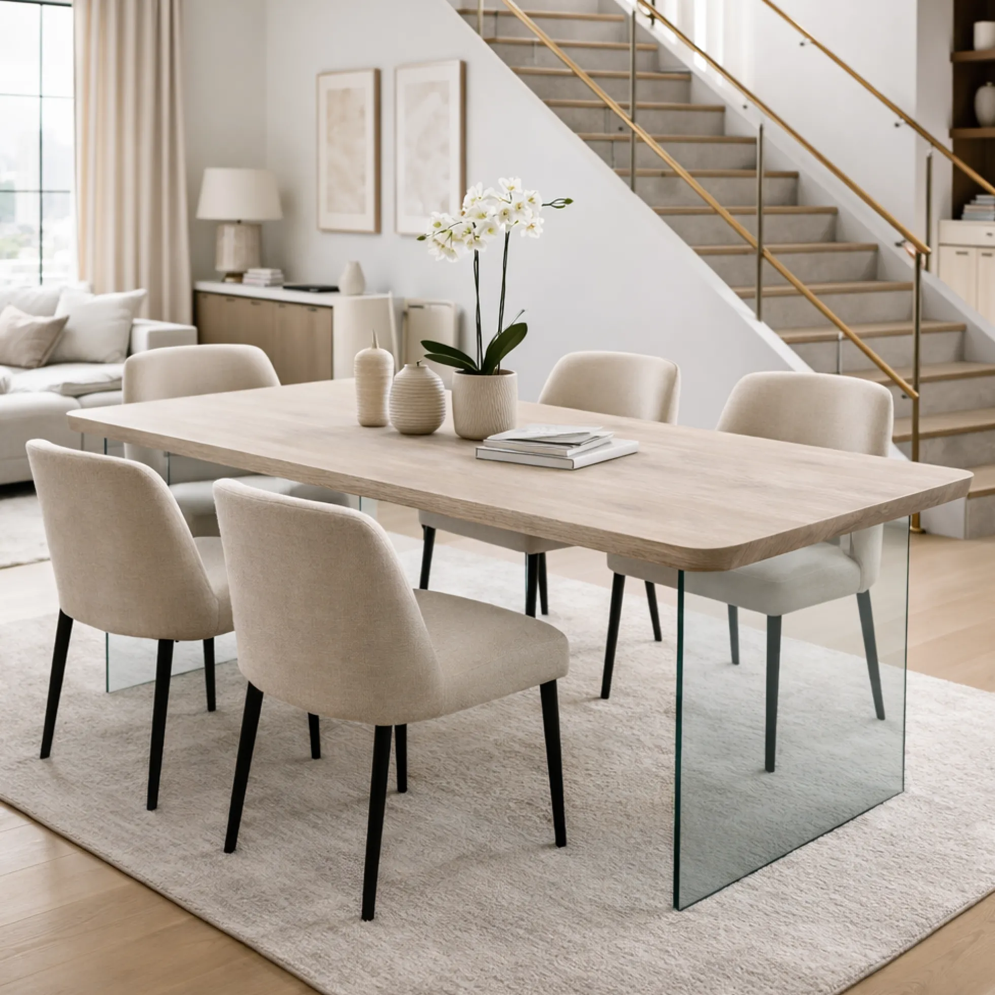 Table extensible chêne grisé bords biseautés pieds verre 220 cm PALERME