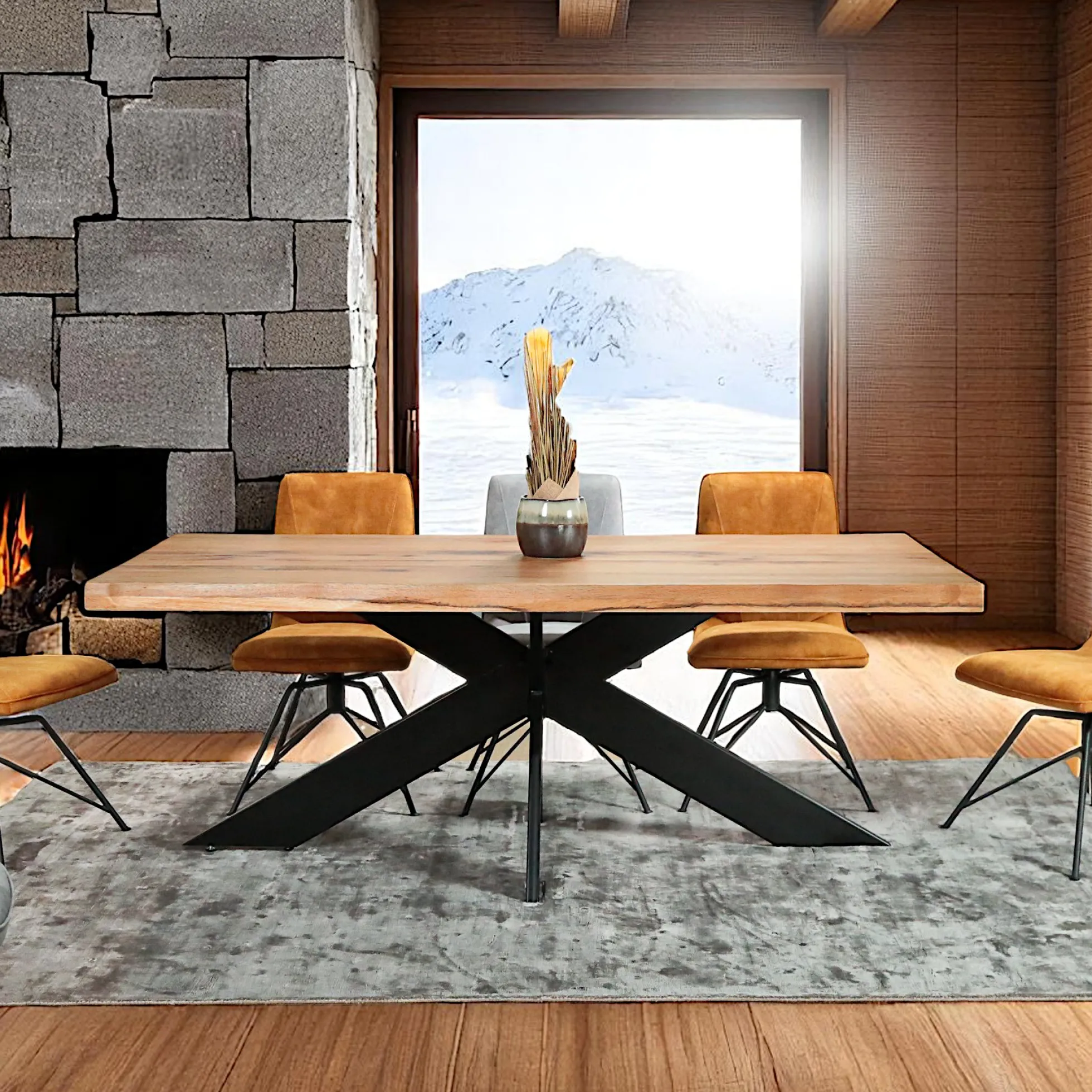 Table extensible chêne huilé bords naturels pied noir fin 220 cm PALERME