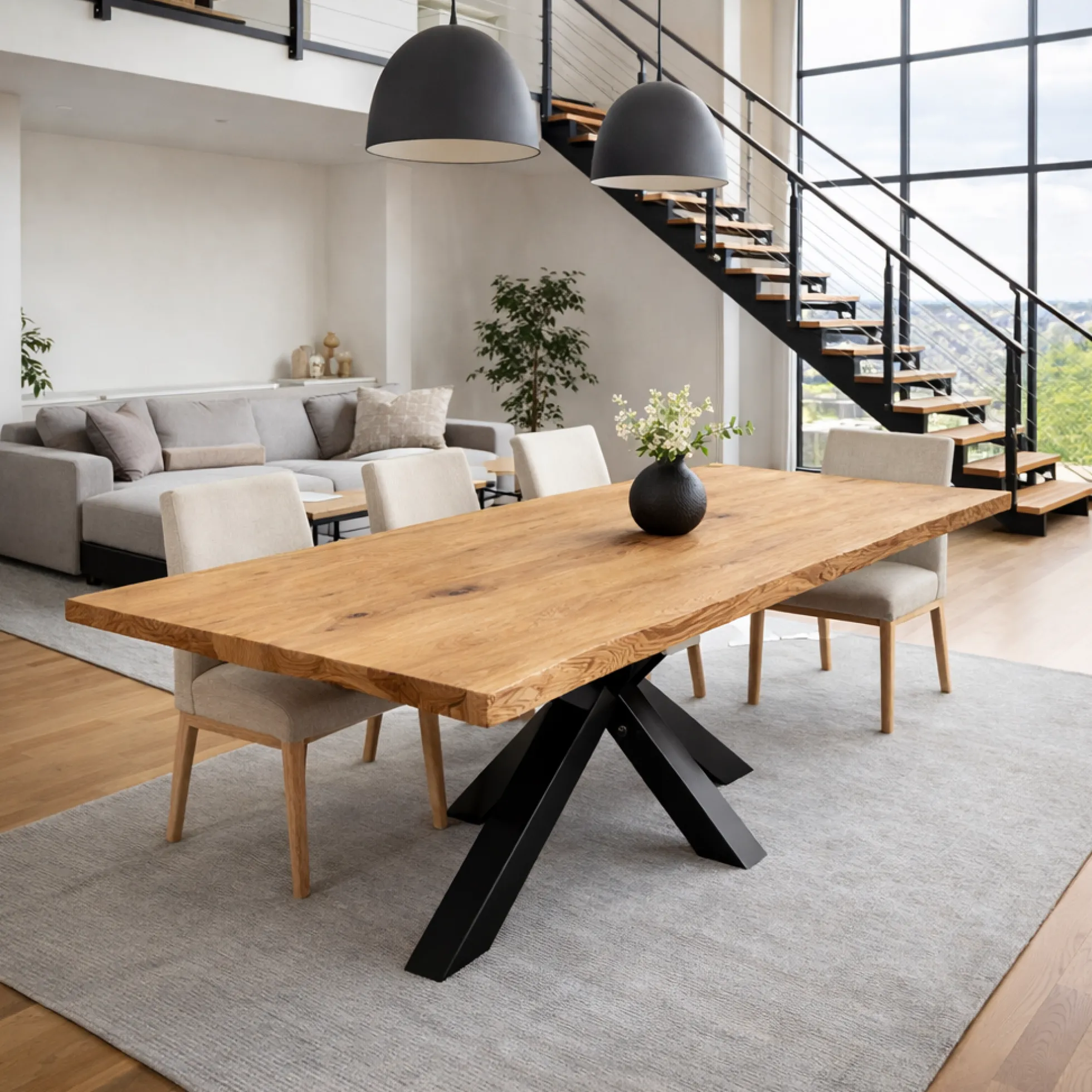 Table extensible chêne huilé bords naturels pied noir 240 cm PALERME