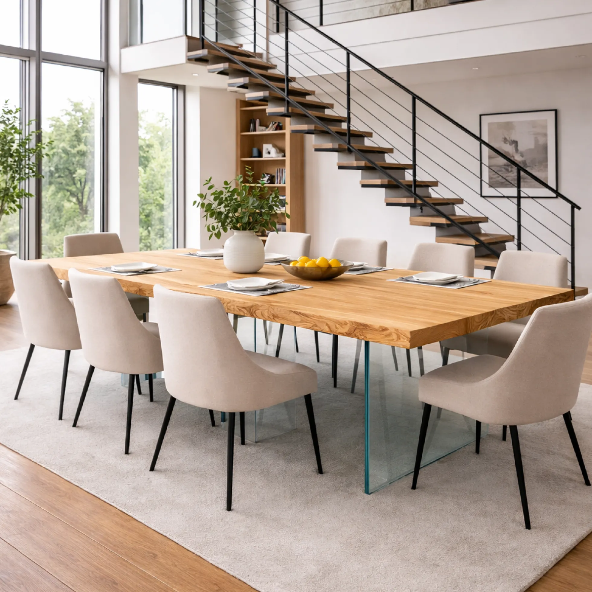 Table extensible chêne huilé bords naturels pieds verre 180 cm PALERME