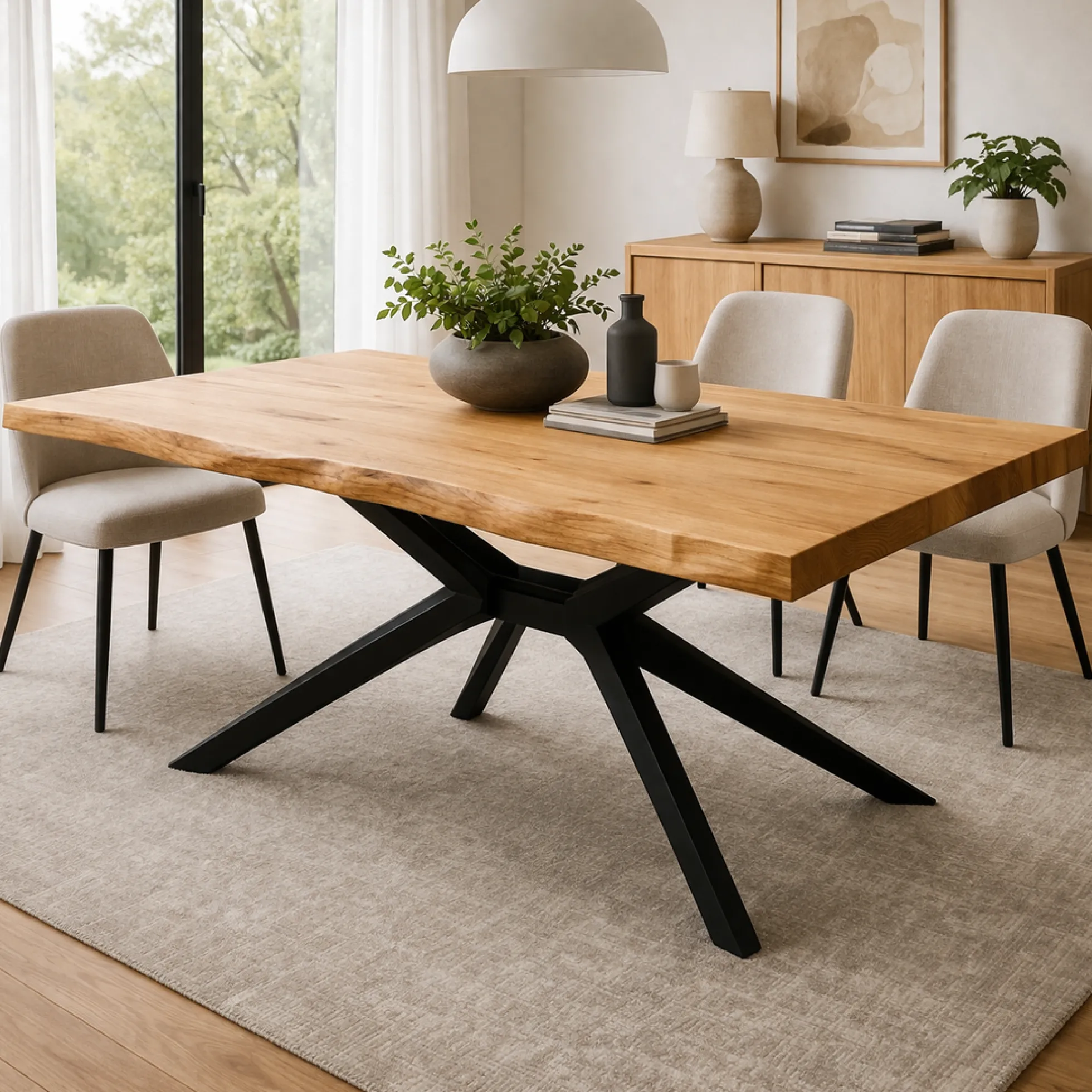 Table extensible chêne huilé bords naturels pied graphique 220 cm PALERME