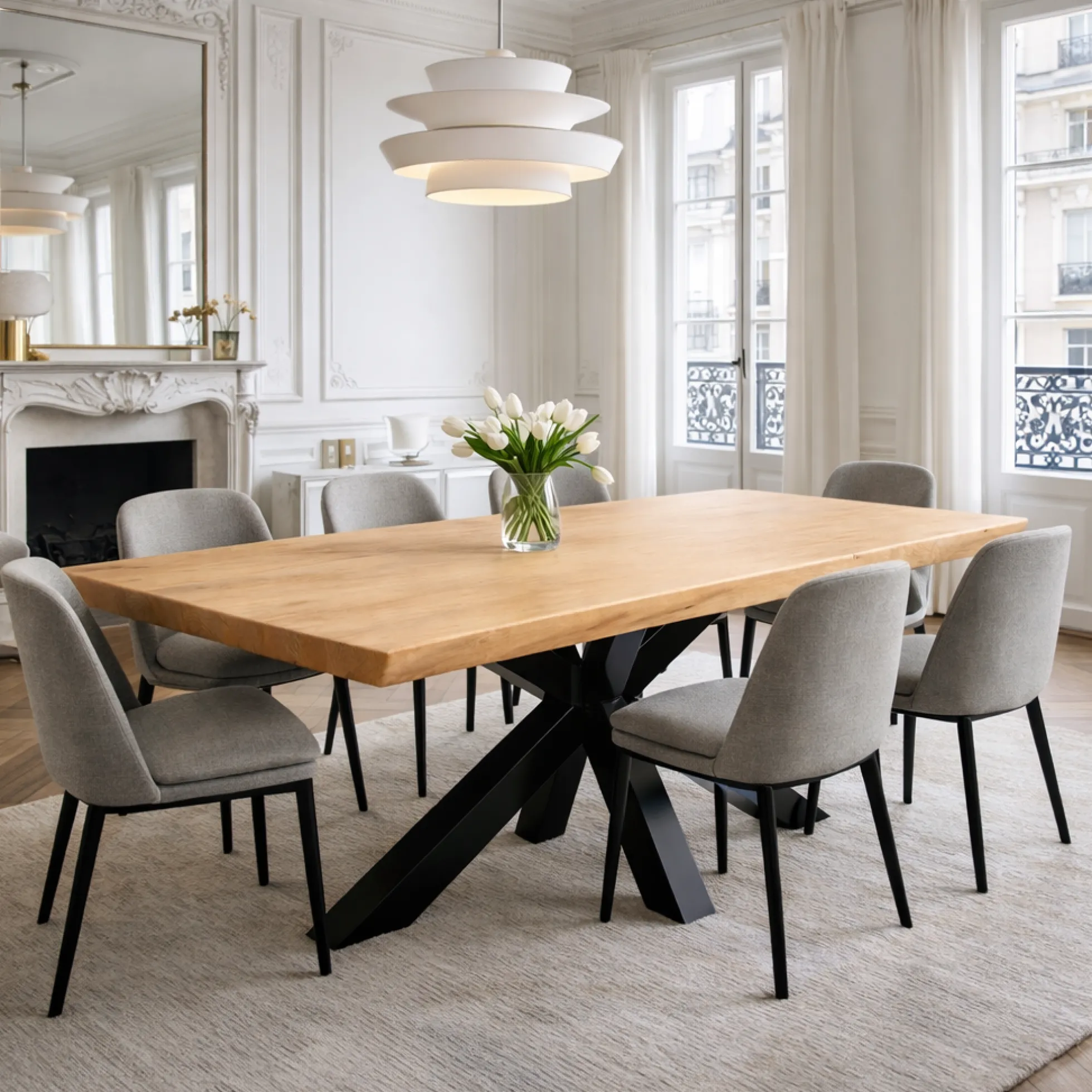Table extensible chêne huilé bords biseautés pied noir 200 cm PALERME