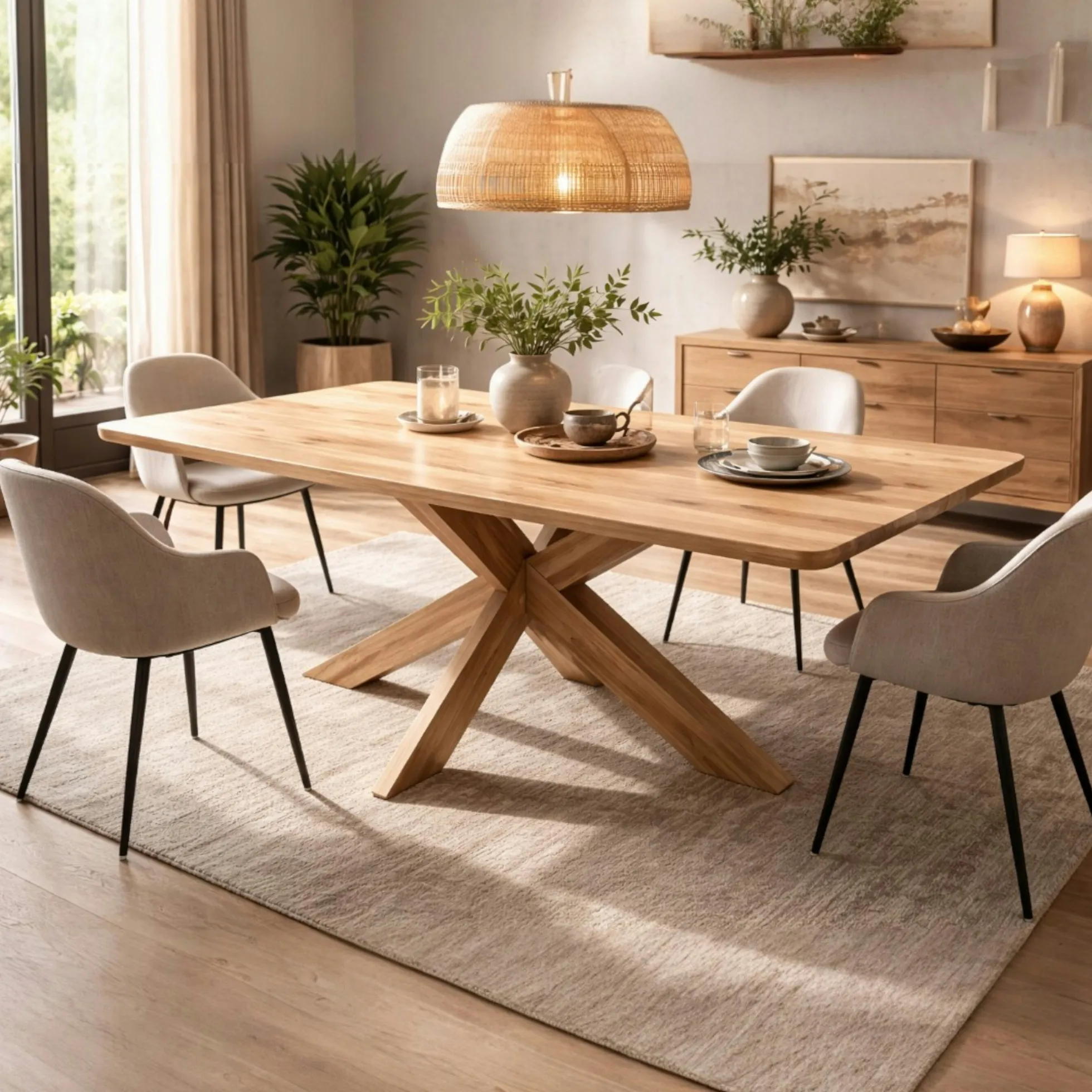 Table extensible chêne huilé bords biseautés pied bois 240 cm PALERME