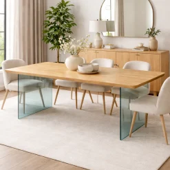 Table extensible chêne huilé bords biseautés pieds verre 180 cm PALERME