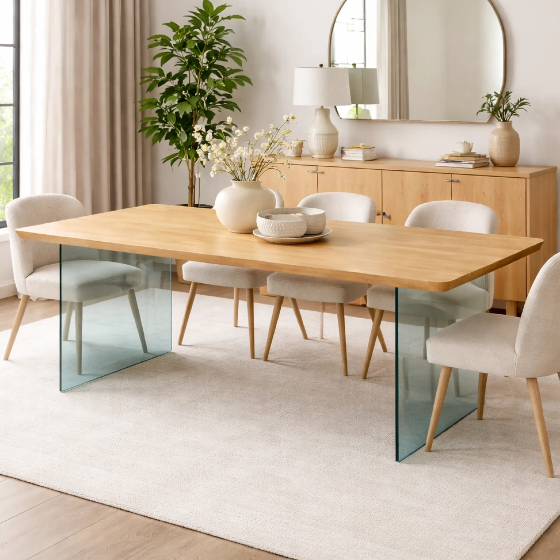 Table extensible chêne huilé bords biseautés pieds verre 180 cm PALERME