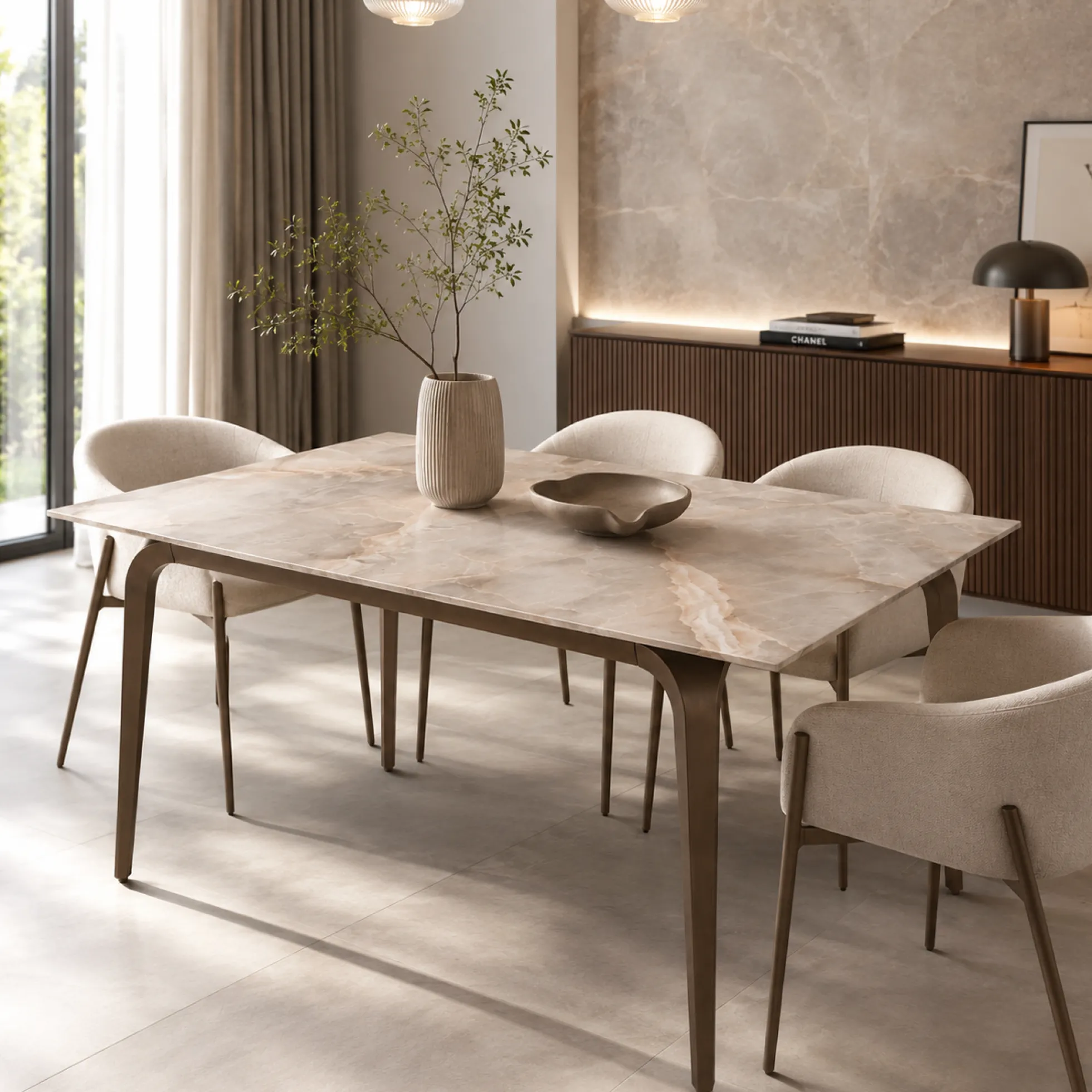 Table extensible céramique effet onyx pieds bronze 160-240 cm LORA