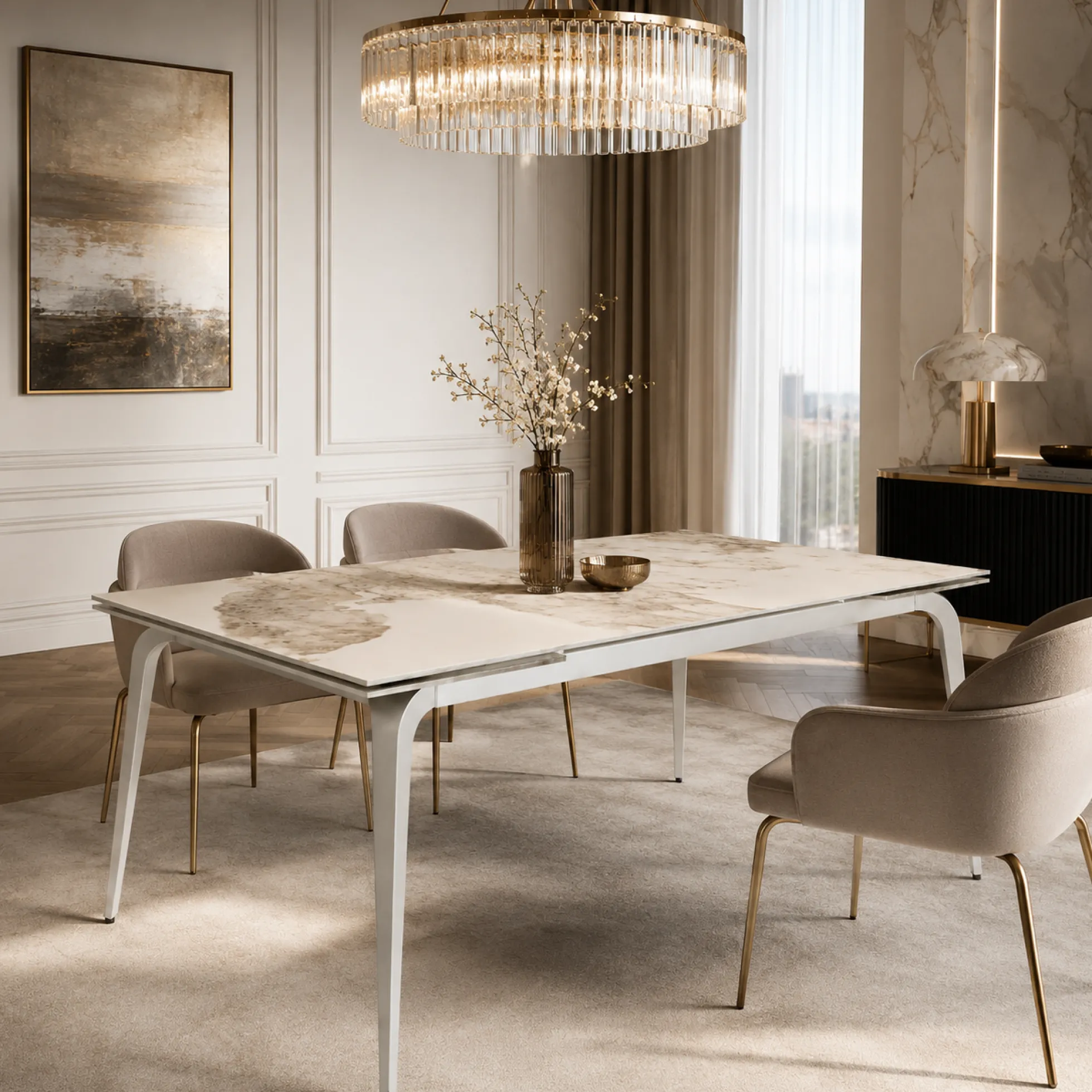 Table extensible céramique effet marbre contrasté 140-220 cm LORA