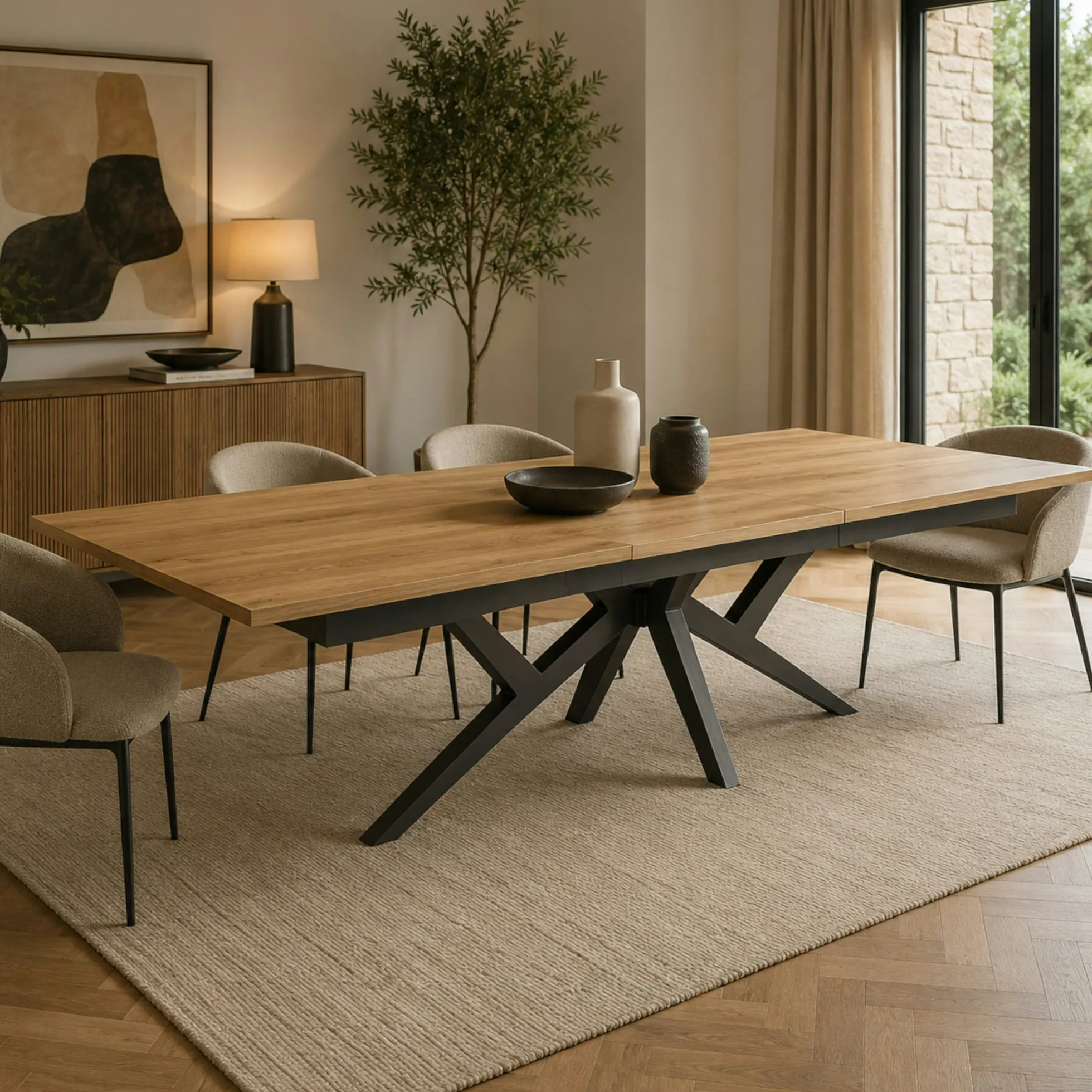 Table extensible décor chêne clair & métal noir 200-340 cm DALLAS