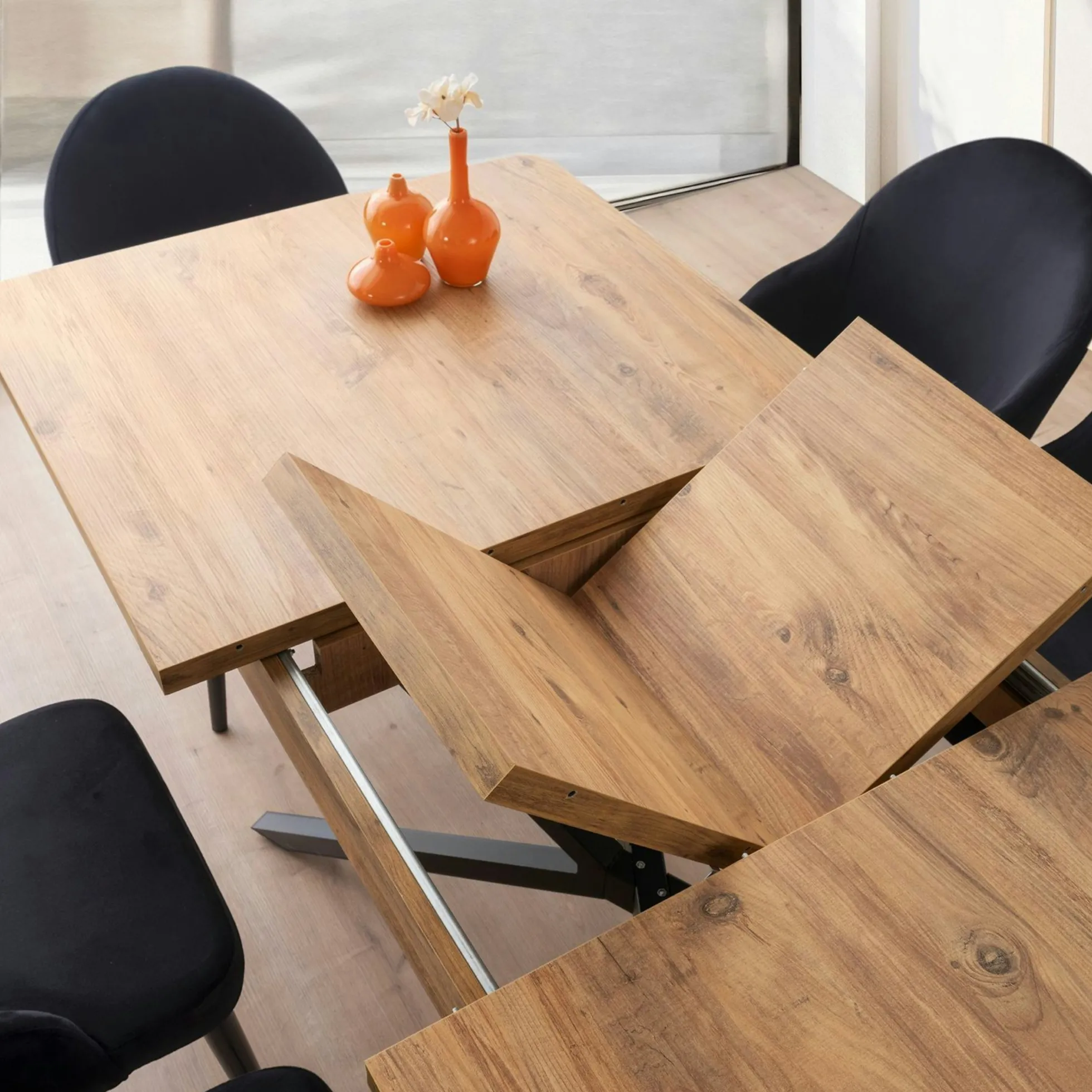 Table extensible effet chêne pied central 160-200 cm JENA
