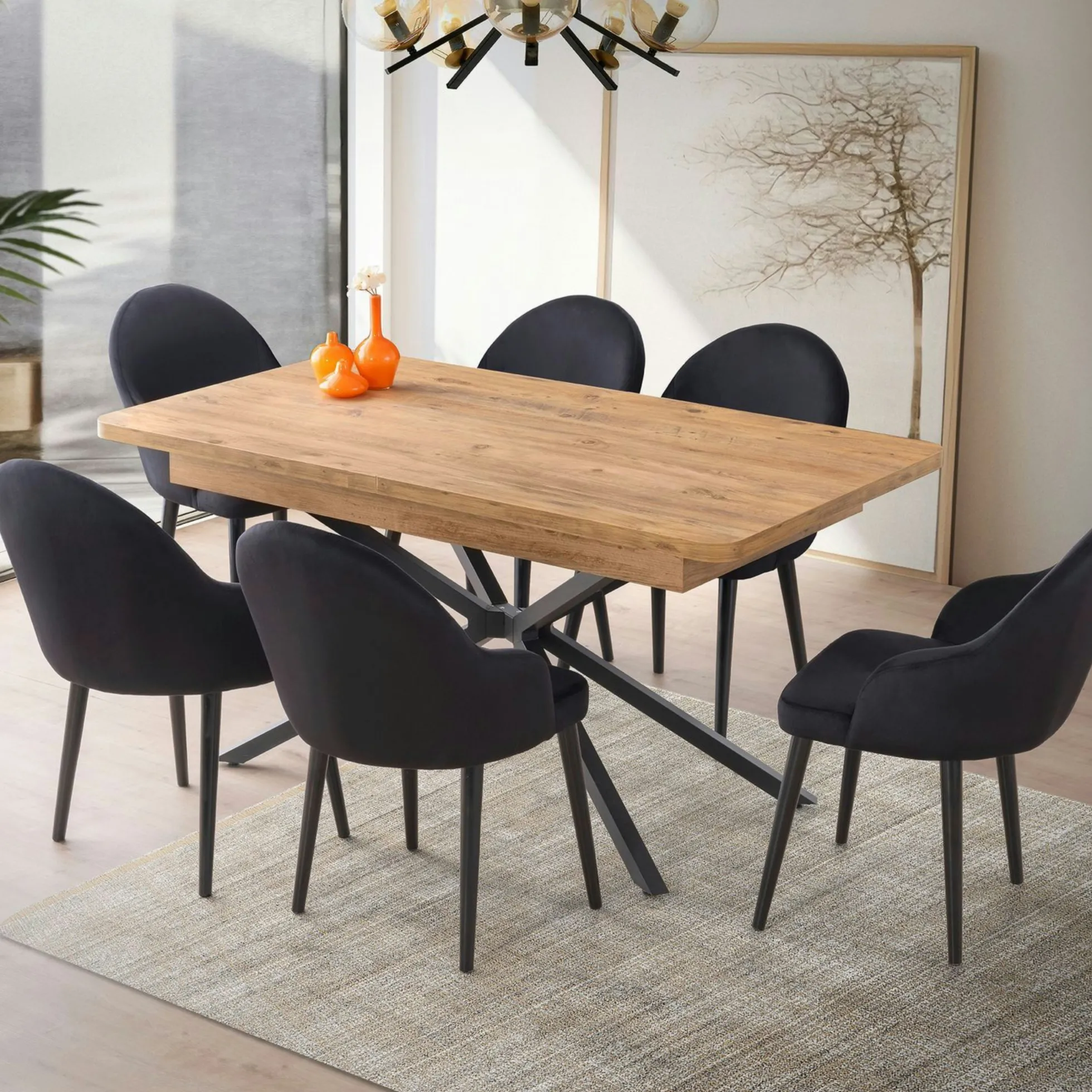 Table extensible effet chêne pied central 160-200 cm JENA