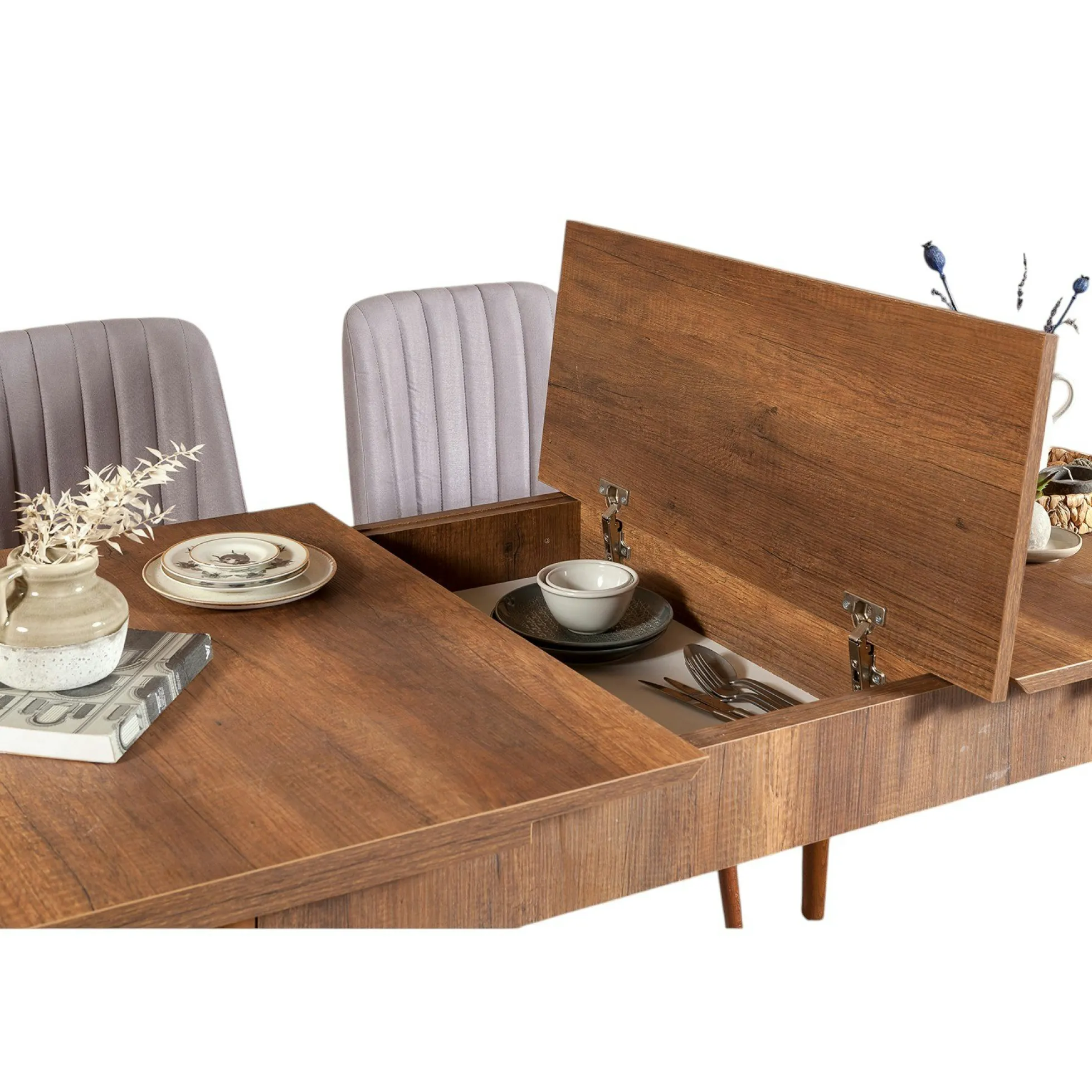 Table extensible effet noyer avec rangement 130-165 cm ORINA