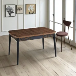 Table extensible effet noyer, pieds noirs 132-170 cm LUNOR