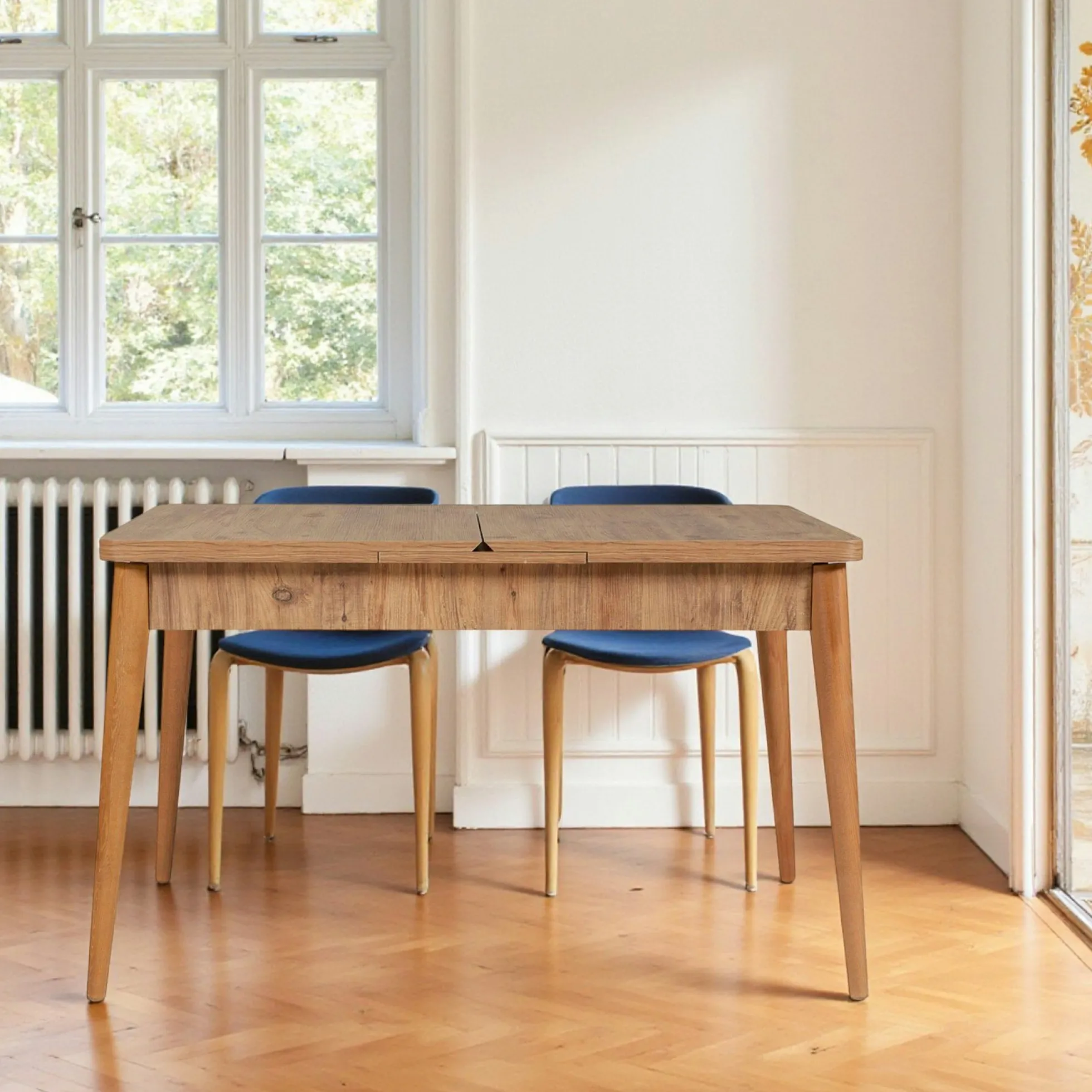 Table extensible effet pin, rangement intégré 130-165 cm ORINA