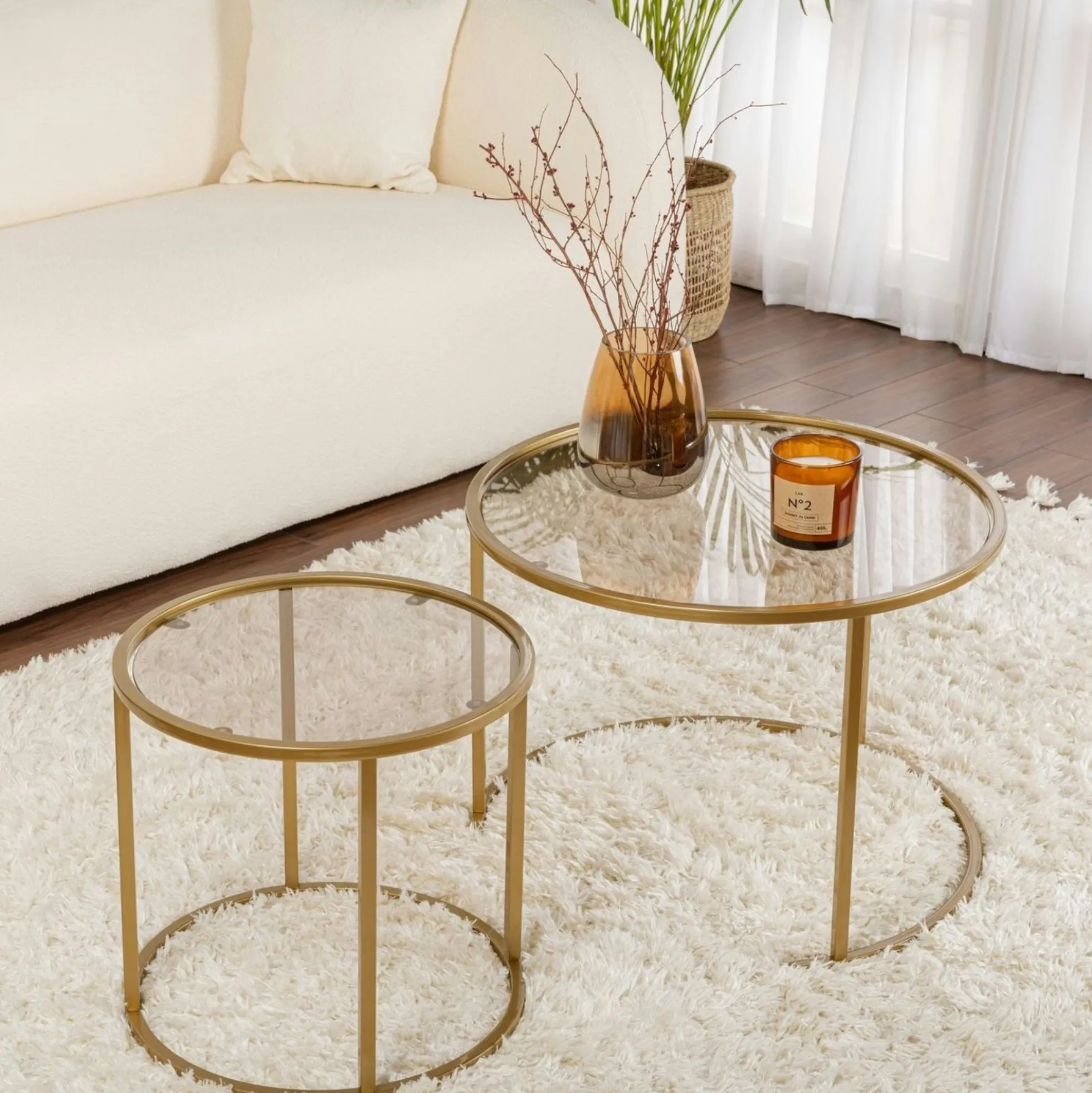 Table gigogne verre ambré - cadre doré (lot de 2) ⌀60 cm TULUM