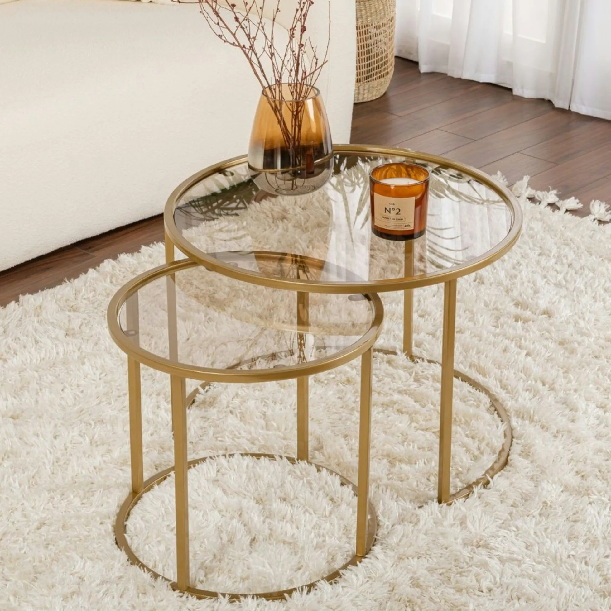 Table gigogne verre ambré - cadre doré (lot de 2) ⌀60 cm TULUM
