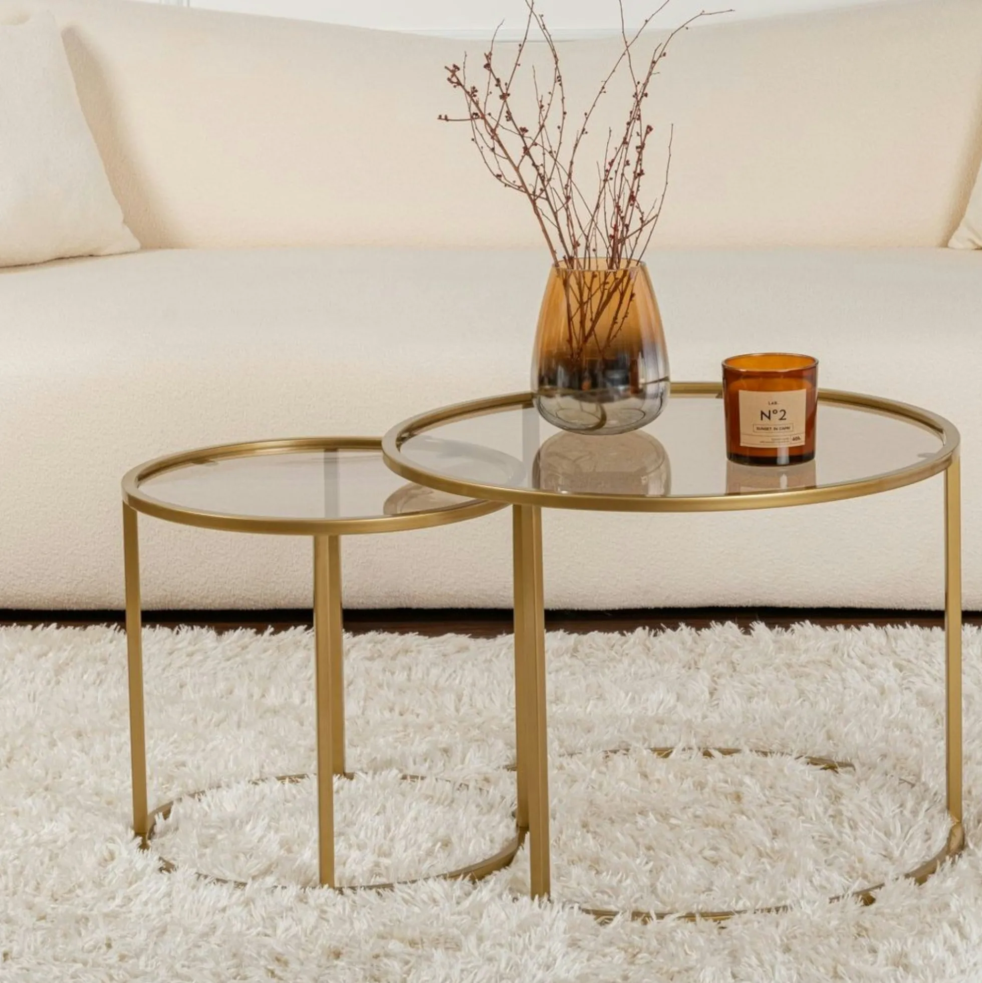 Table gigogne verre ambré - cadre doré (lot de 2) ⌀60 cm TULUM
