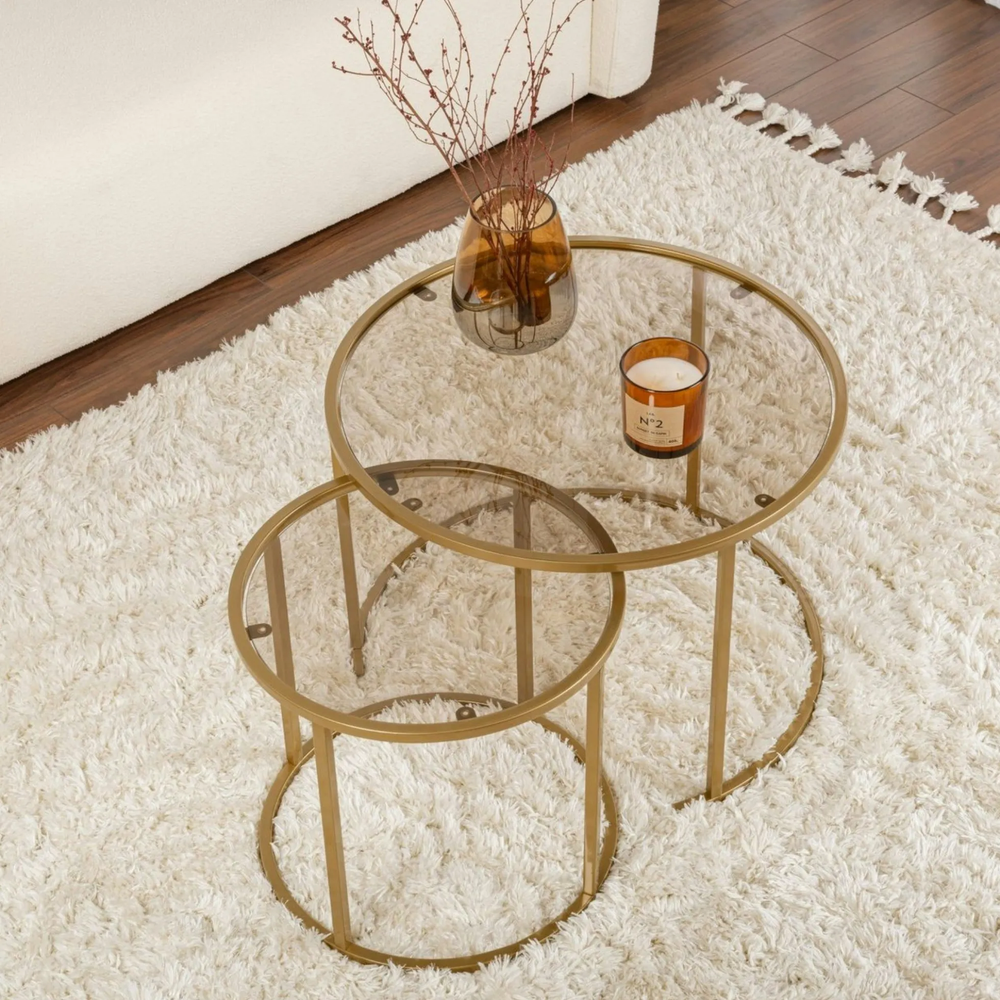 Table gigogne verre ambré - cadre doré (lot de 2) ⌀60 cm TULUM