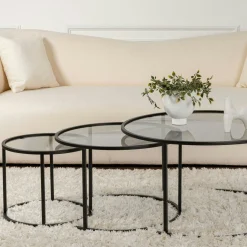 Table gigogne verre fumé - cadre noir (lot de 3) ⌀80 cm TULUM
