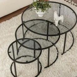 Table gigogne verre fumé - cadre noir (lot de 3) ⌀80 cm TULUM