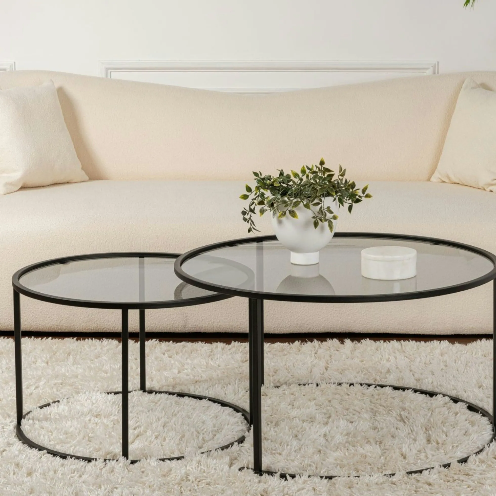 Table gigogne verre fumé - cadre noir (lot de 2) ⌀80 cm TULUM