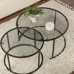 Table gigogne verre fumé - cadre noir (lot de 2) ⌀80 cm TULUM