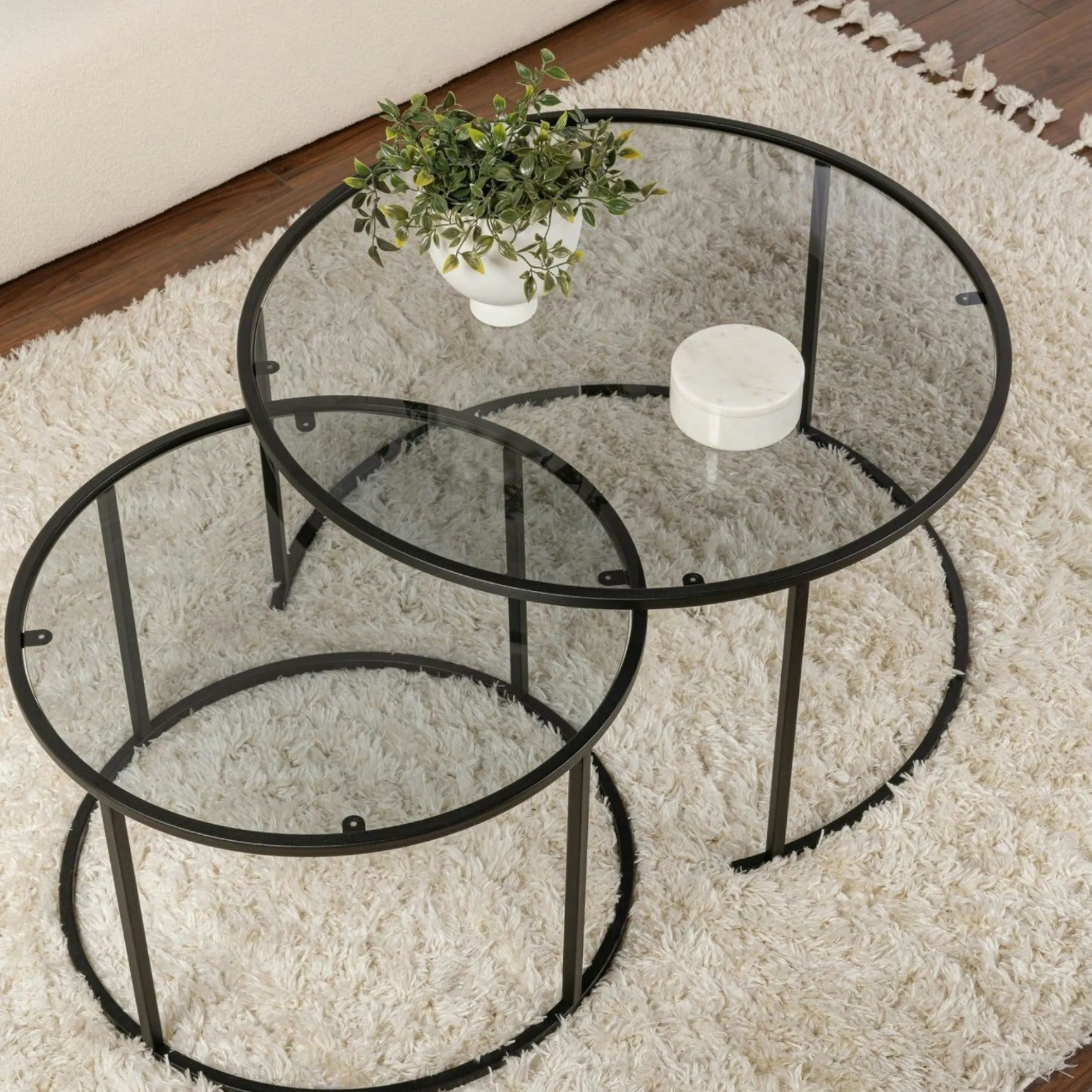 Table gigogne verre fumé - cadre noir (lot de 2) ⌀80 cm TULUM