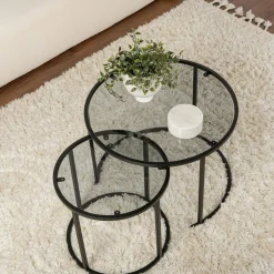Table gigogne verre fumé - cadre noir (lot de 2) ⌀60 cm TULUM