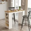 Table haute blanche cuisine avec plateau effet bois MARFA