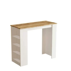 Table haute blanche cuisine avec plateau effet bois MARFA