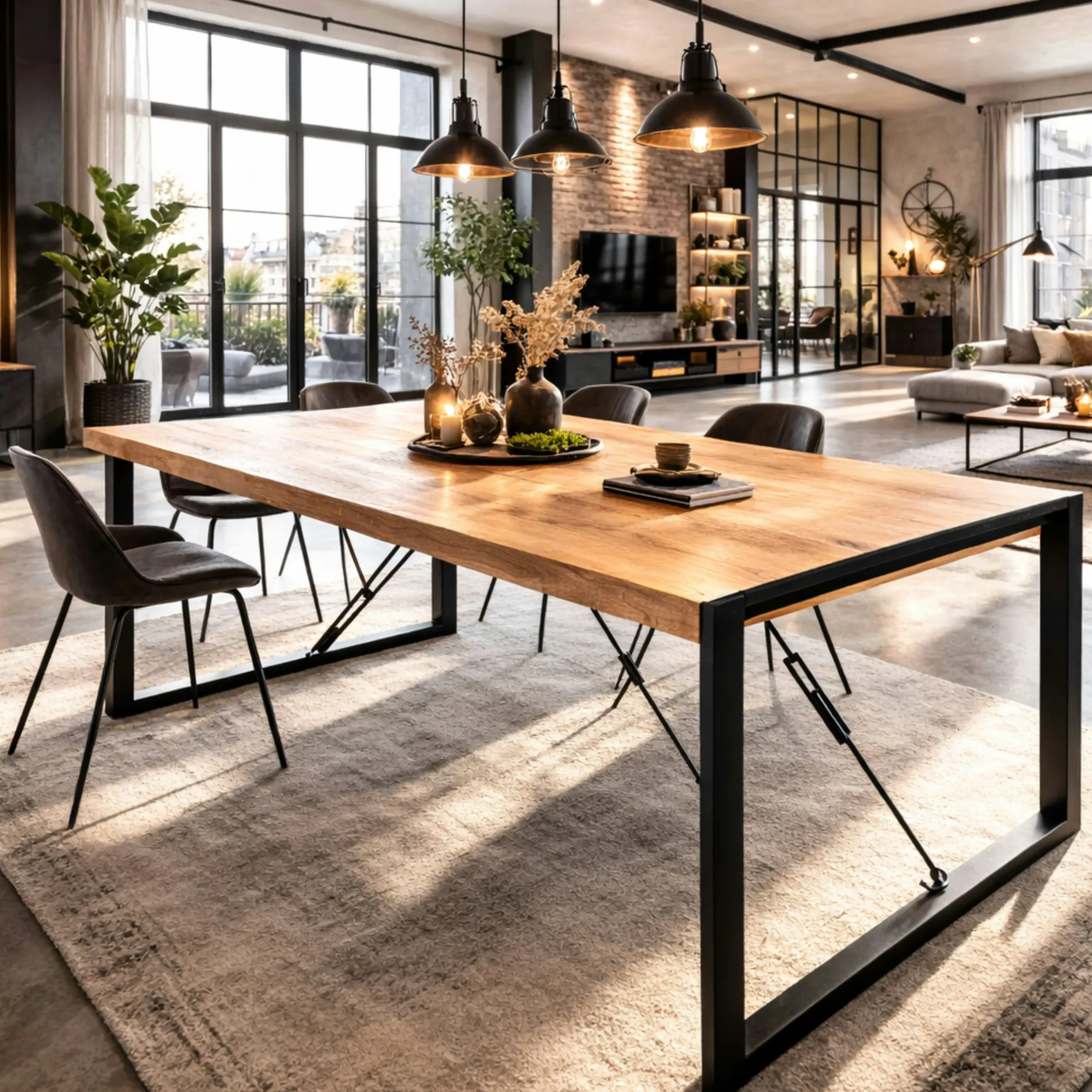 Table à manger bois clair à tendeurs noirs 180 cm MILORA