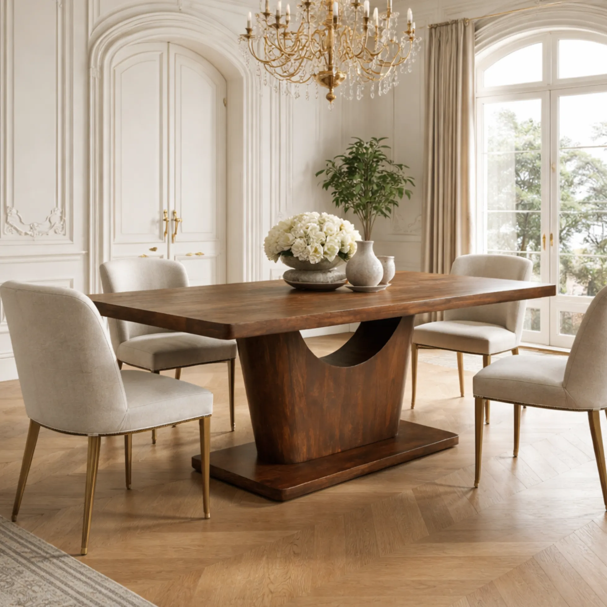 Table à manger bois foncé pied central ouvert 240 cm ARCANA