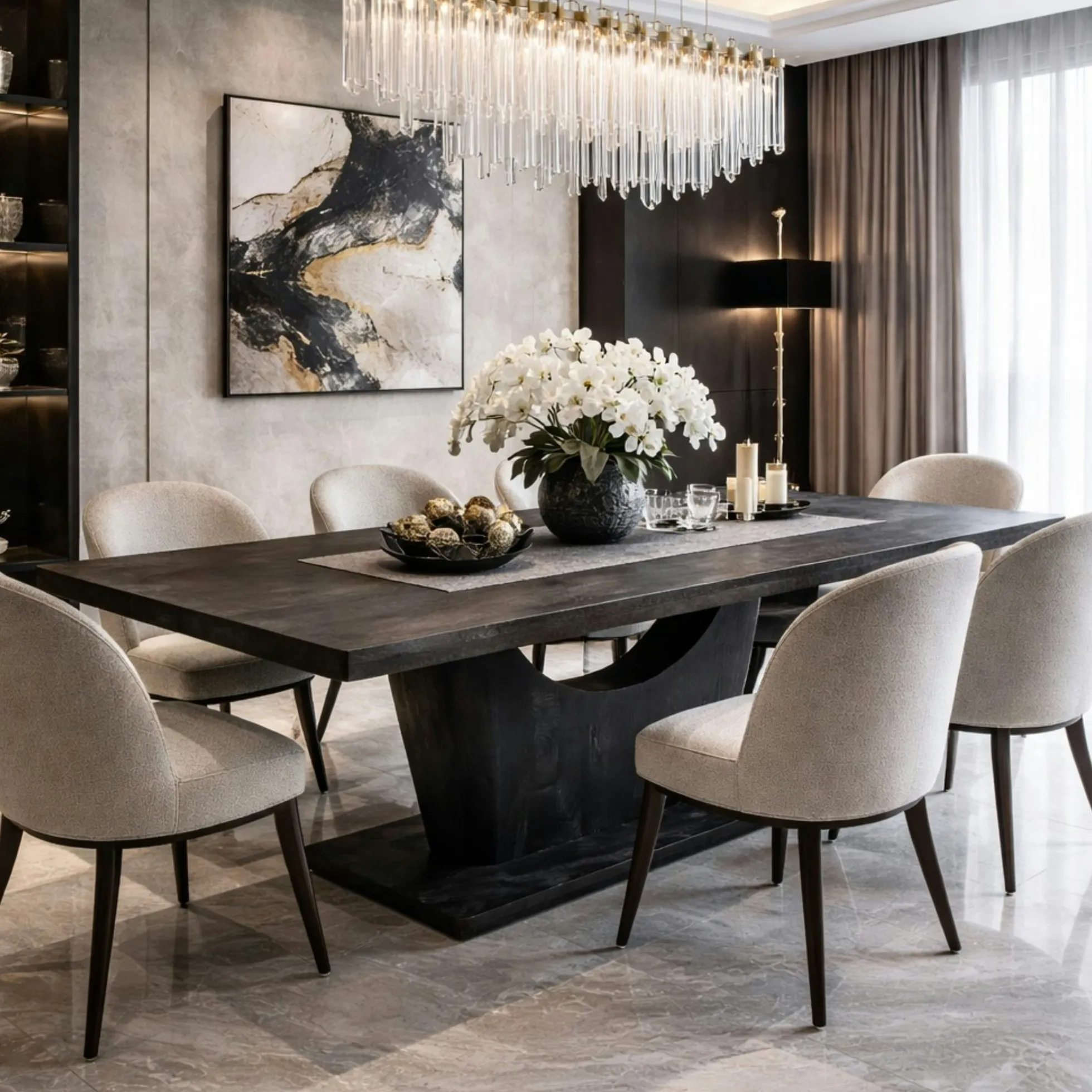 Table à manger bois noir pied central ouvert 240 cm ARCANA