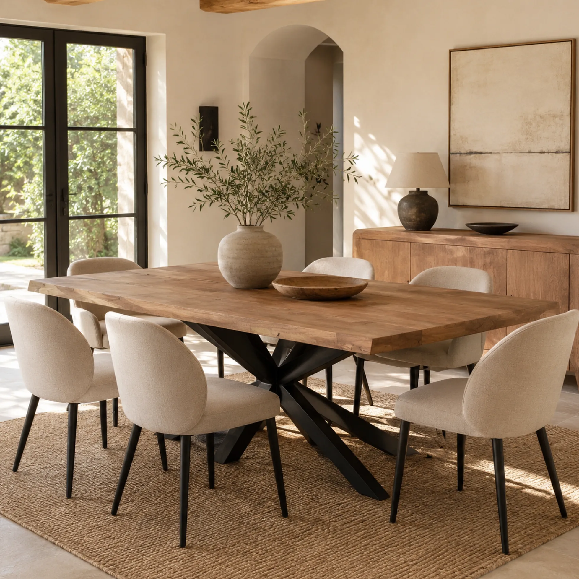 Table à manger bois pied central bords naturels 220 cm KARGO