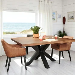 Table à manger carrée chêne métal pied croisé 150 cm OKA