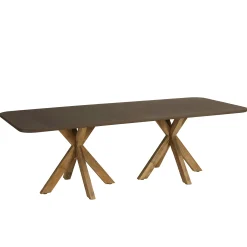 Table à manger 240 cm effet béton marron pieds en bois d'acacia CALVI