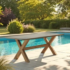 Table à manger 200 cm effet béton marron pied en bois d'acacia CALVI