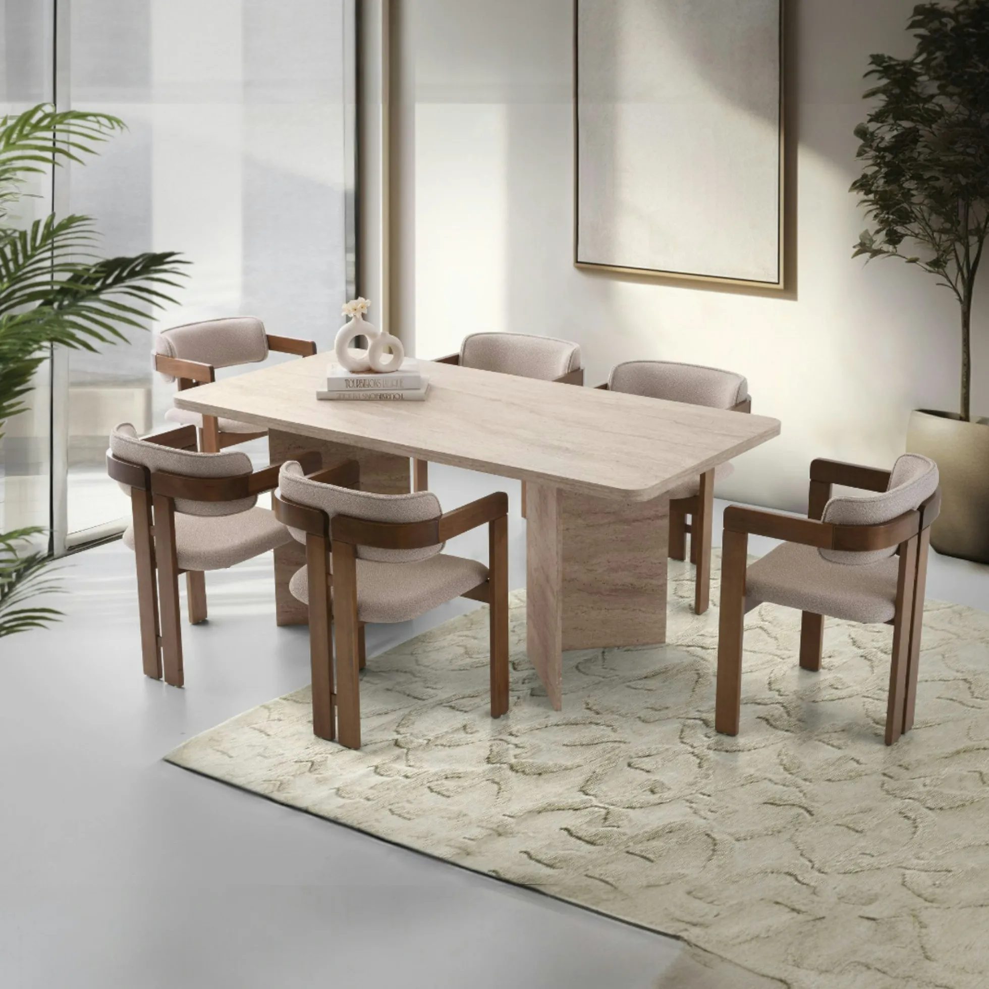 Table à manger design effet travertin pieds V 180 cm MARFA