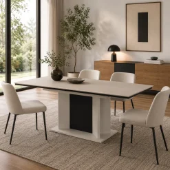Table à manger extensible beige à pied central 160-200 cm ALVA