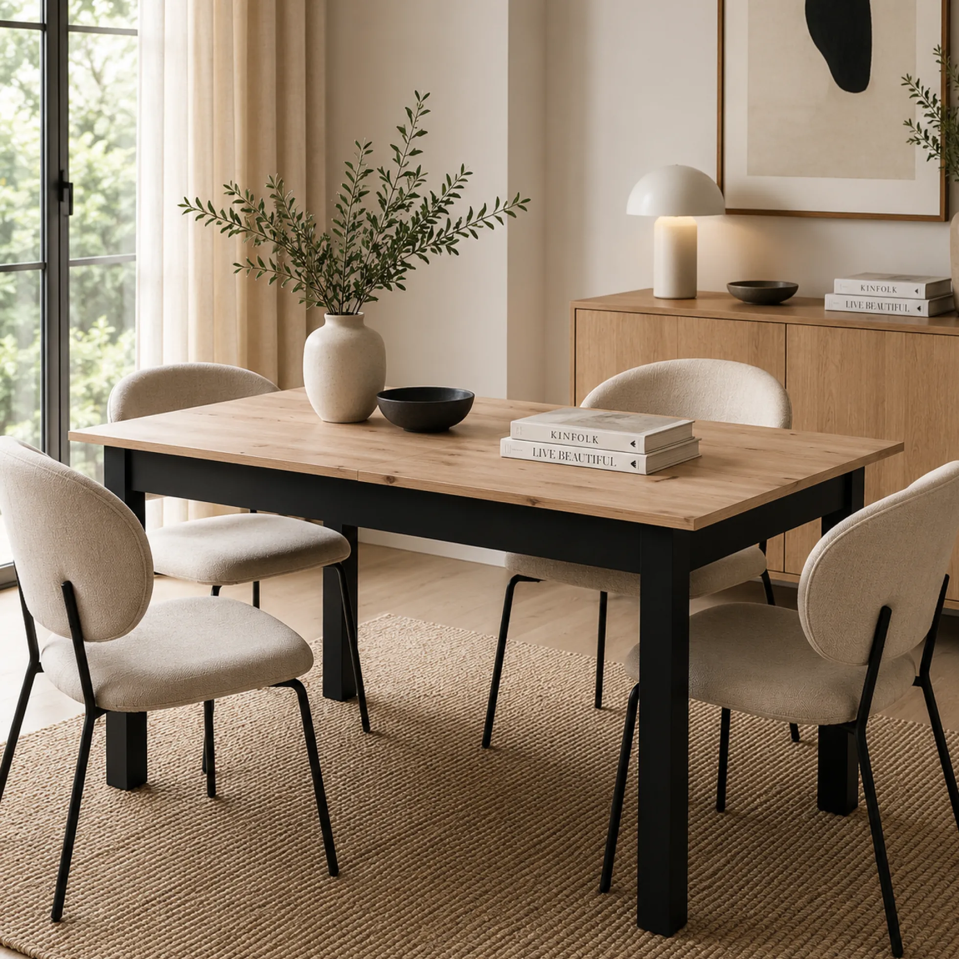 Table à manger extensible noire et effet bois 140-180 cm ALVA