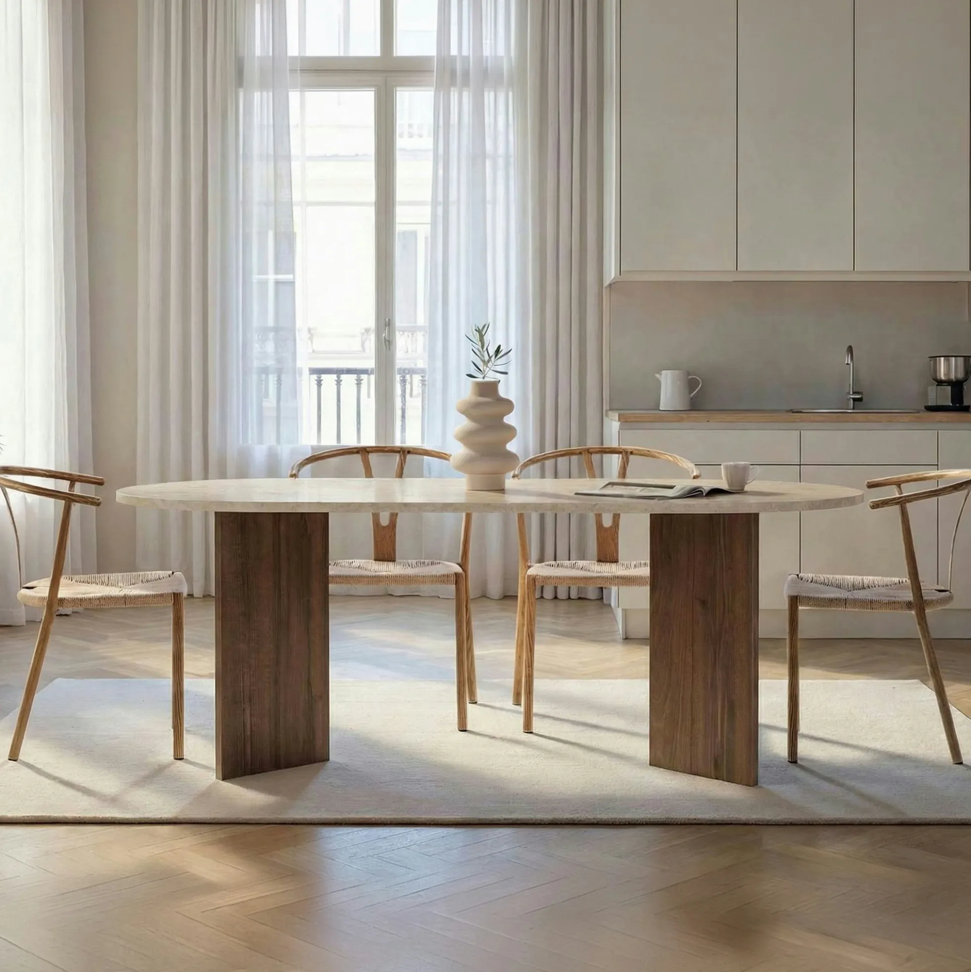 Table à manger ovale décor travertin et noyer 200 cm MARFA