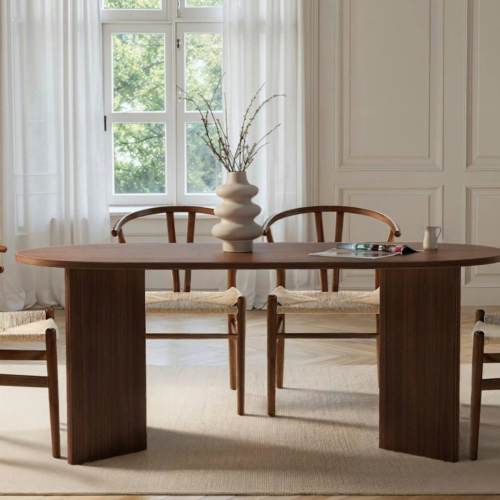 Table à manger ovale effet bois noyer pieds en V 200 cm MARFA