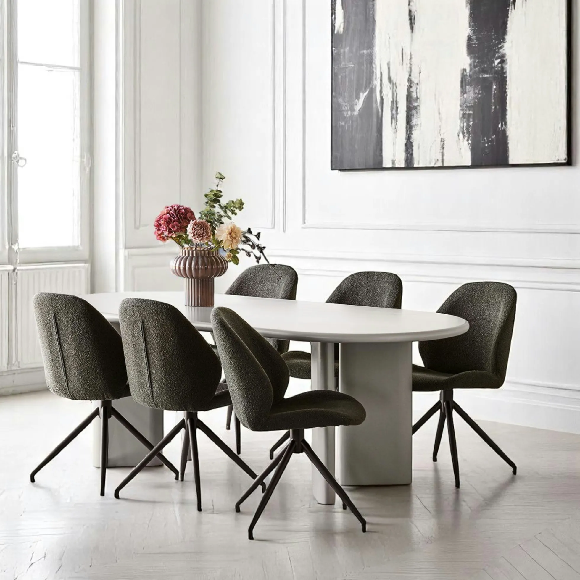 Table à manger ovale sable 220 cm - design minimaliste, pieds obliques ALBERTA
