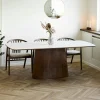 Table à manger plateau céramique aspect travertin 200 cm, pied bois foncé PRATO