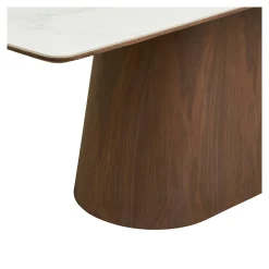 Table à manger plateau céramique aspect travertin 200 cm, pied bois foncé PRATO