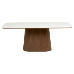 Table à manger plateau céramique aspect travertin 200 cm, pied bois foncé PRATO