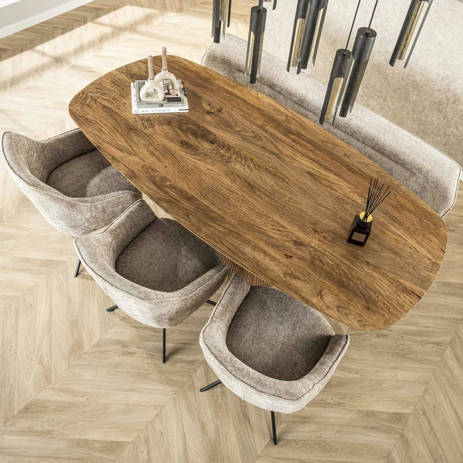 Table à manger rectangulaire avec pied central rainuré en bois de manguier 215 cm CREEK