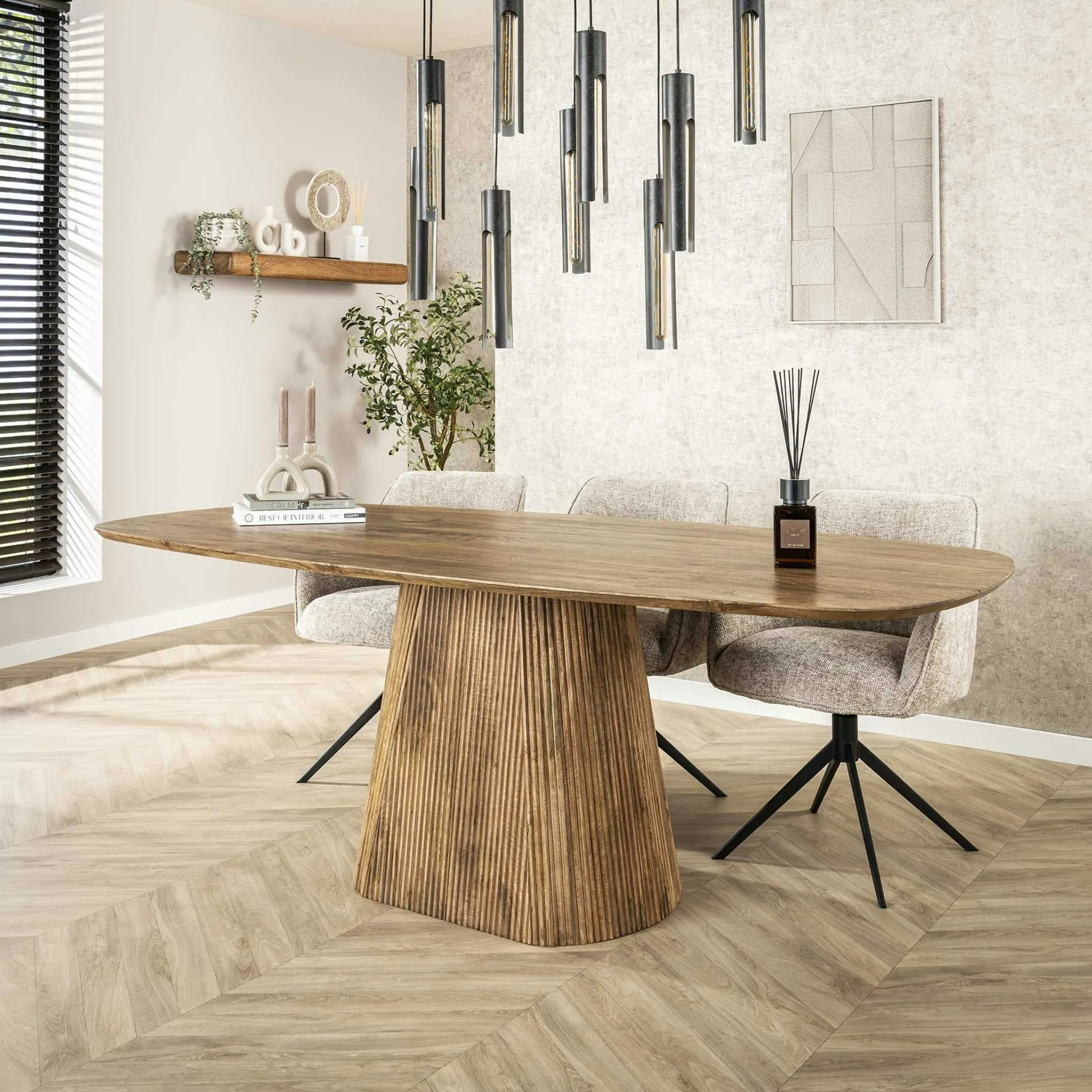 Table à manger rectangulaire avec pied central rainuré en bois de manguier 215 cm CREEK