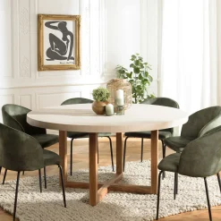 Table à manger ronde béton beige pieds bois croisés DIKA
