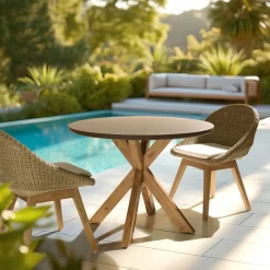 Table à manger ronde effet béton marron pied en bois d'acacia D100cm CALVI